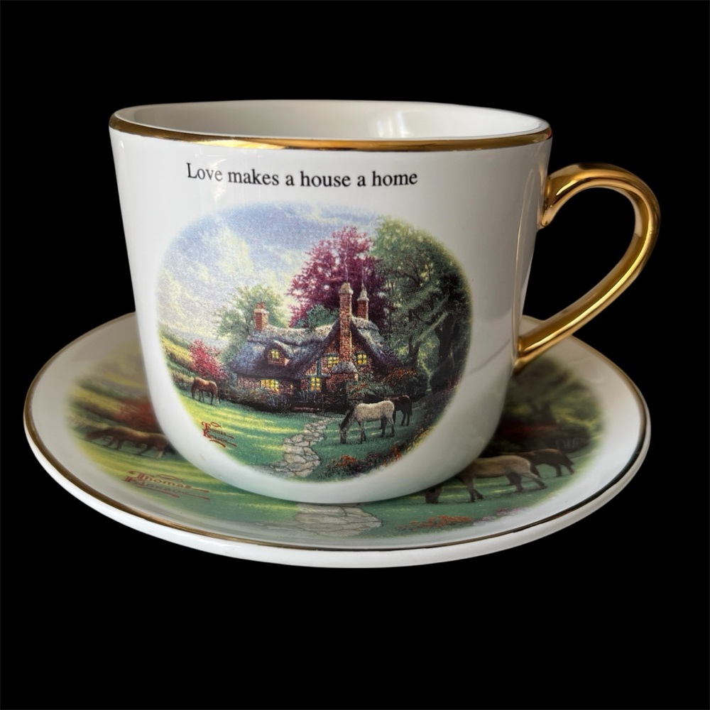 Beautiful Thomas Kinkade Cup and Saucer.Colourful cottage & horses design